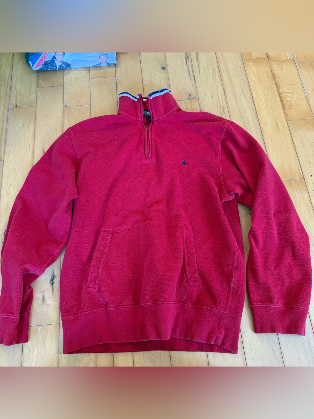Ralph Lauren Red Quarter-Zip Pullover with Striped Collar